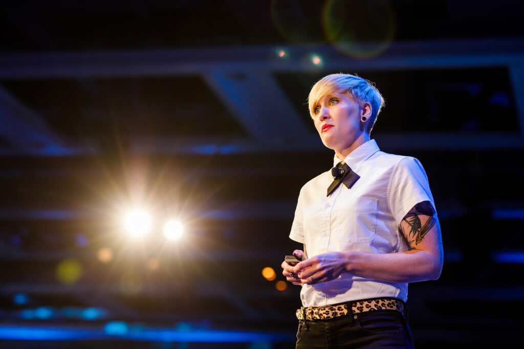 Heather Physioc speaking on stage at MozCon 2019 in Seattle, Washington