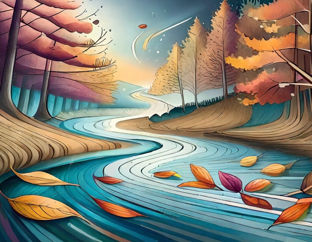 illustration of a mix of orange, red, yellow, and brown autumn leaves on a moving, winding river