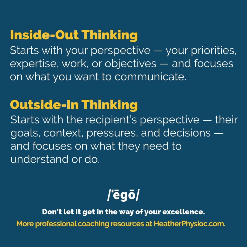 A clean, modern illustration of a professional standing at the threshold between two contrasting environments, symbolizing a shift in perspective. The person stands in three-quarter view, mid-turn, moving away from a cluttered interior workspace toward an open, light-filled landscape. Behind them (left side of the image): a dim, cool-toned office scene with visual clutter — stacks of papers, dense charts, tangled sticky notes, overlapping presentation slides, glowing screens filled with text and data. The space feels crowded, busy, and overwhelming. In front of them (right side of the image): a wide, open environment in warm morning light — a simplified city or community scene with people moving, roads connecting, buildings with lights on, or a clear horizon with paths leading outward. The atmosphere is calm, purposeful, and spacious. The person is holding a single clean sheet, notebook, or small checklist — simple and minimal — replacing the heavy materials left behind. Their body language shows intentional movement toward the brighter scene. Visual contrast: Left: cool blues/greys, shadow, density, complexity Right: warm golds/oranges, light, openness, clarity Style: Flat or semi-flat 2D illustration Clean, modern, editorial style (professional coaching / business publication) Minimal detail, strong shapes, soft gradients Balanced composition with a clear left-to-right transition Concept conveyed: Moving from complexity and self-focused work toward clarity, audience-centered thinking — the moment of shifting from inside-out to outside-in perspective.